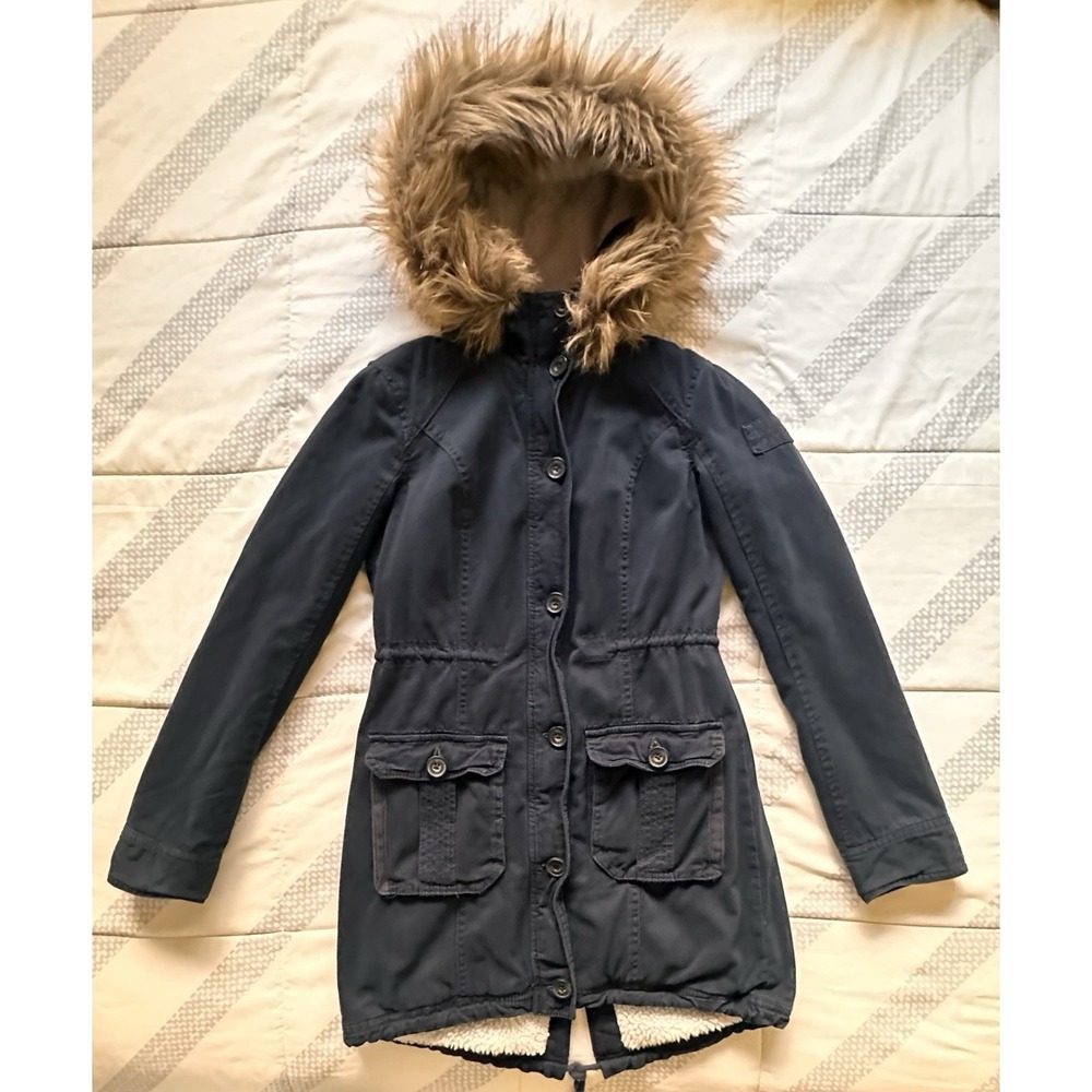 Abercrombie & Fitch Sherpa Lined Parka Jacket Navy Blue XS Faux Fur Hood Y2K